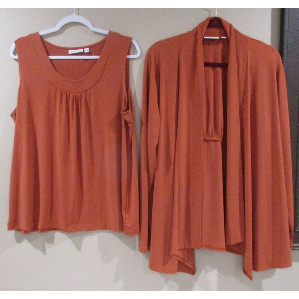Susan Graver 2 Piece Blouse & Jacket Women XL Brown Polyester